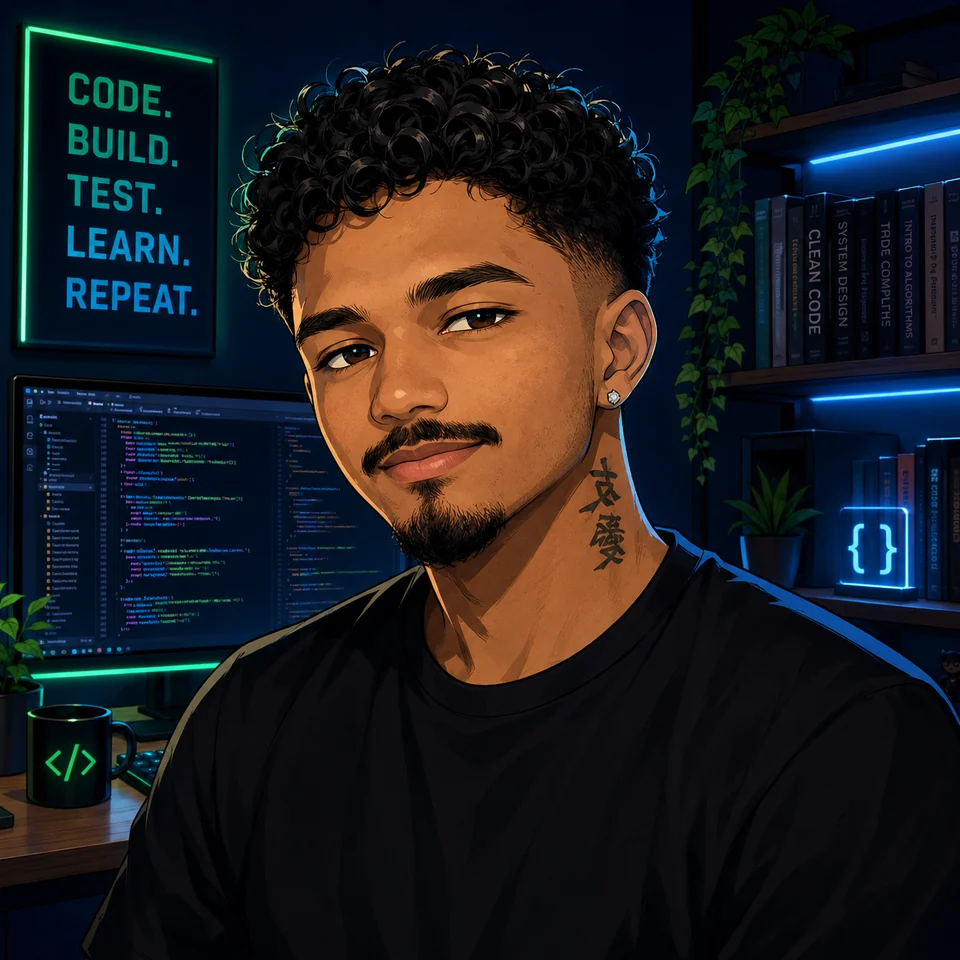Ilustração de Pedro Paulo em seu ambiente de desenvolvimento, com telas de código e o lema CODE, BUILD, TEST, LEARN, REPEAT