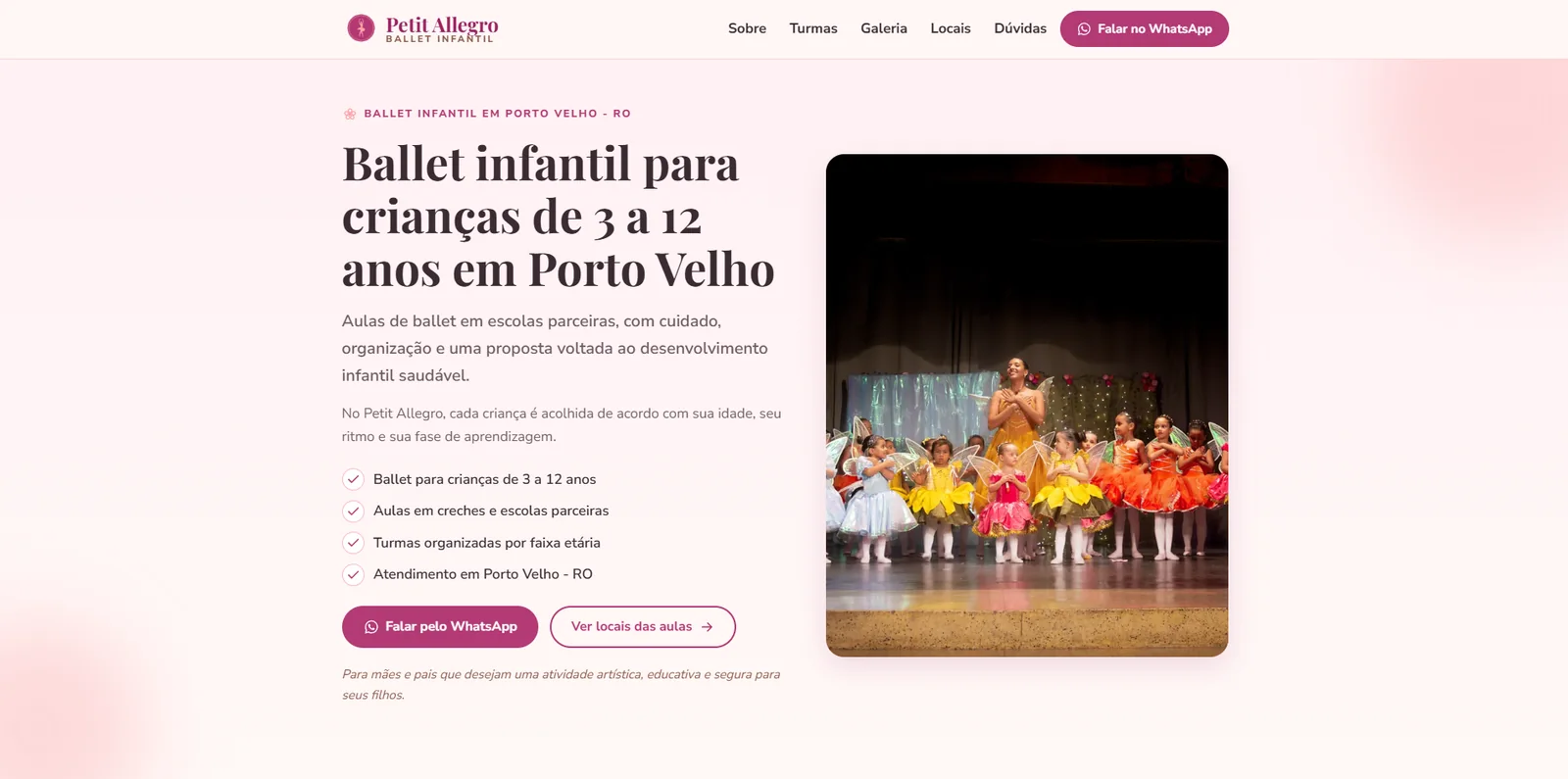 Prévia da landing page Petit Allegro, de ballet infantil em Porto Velho
